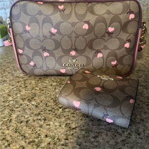 Coach Signature Brown and Pink Heart Bag and Wallet